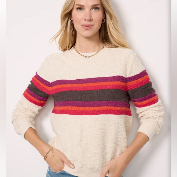 Faherty Vista cream stripe pullover Crewneck cotton looped sweater XS NWT - Picture 1 of 13